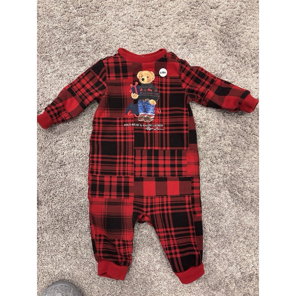 NWOT Ralph Lauren Polo Bear Red Plaid Fleece Coverall Sleeper Infant 6 Months